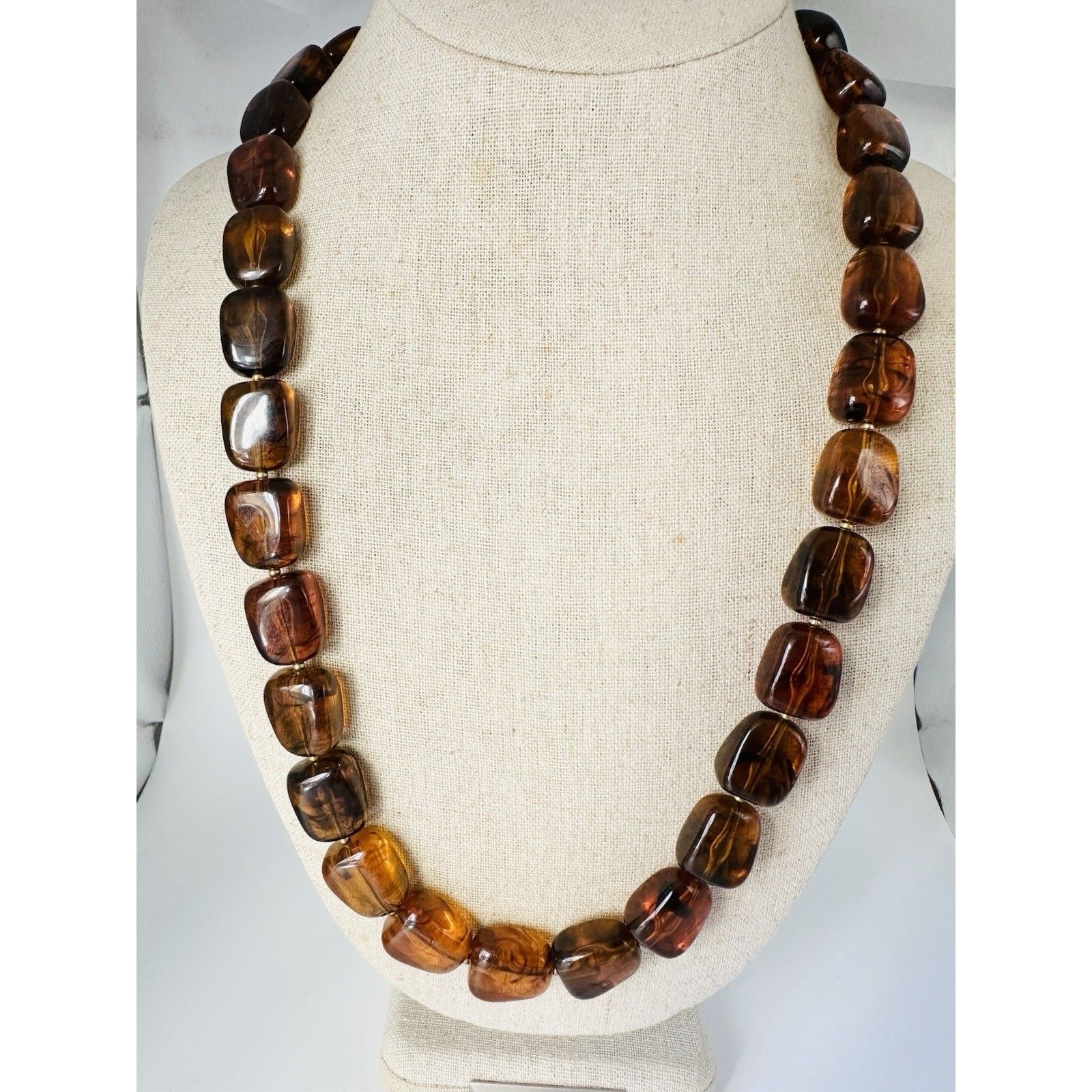 Vintage Amber Color Tortoise Shell Lucite Bead Necklace 24”